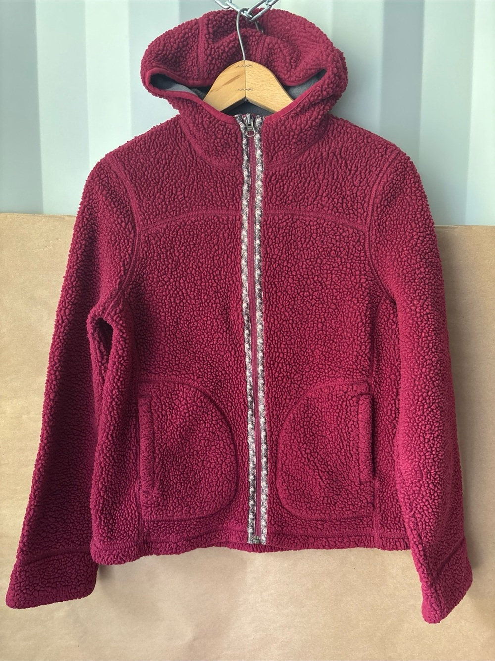 LL Bean Women's Burgundy Retro Fleece Embellished Coat Jacket Snuggly XS
